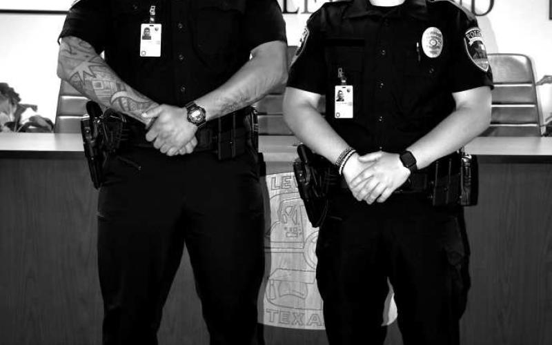 NEW KIDS - The Levelland Police Department swore in two new officers Tuesday afternoon at City Hall. Officers Aryn Ortega and Braxton Gilbreath will begin their careers with the LPD in phases to get acquainted with the force. (Staff Photo by Victoria Byrnes)