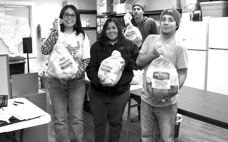 TURKEY GIVEAWAY– The Hockley County Food Box held a turkey giveaway Friday morning at the SPCAA building. A total of 150 turkeys were donated by Renegade, Sundown State Bank, ATMOS Energy and Hockley County School Employee Credit Union for the 2022 turkey giveaway. Pictured from the left are Ruby Flores, SPCA service specialist; Christy Vargas, SPCAA support specialist; Julius Green, volunteer; and Adrian Reyes, SPCAA maintenance. (Staff Photo by DeeLaine Ruiz)