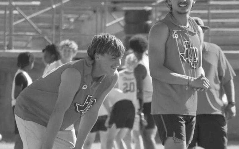 BACKFIELD - Levelland Lobos Jake Potter and Boston Winfield went through their pre-snap reads during the team’s 7 on 7 game against Estacado and Coronado this past Monday in Lubbock. (Staff photo by Aalijah Soliz)