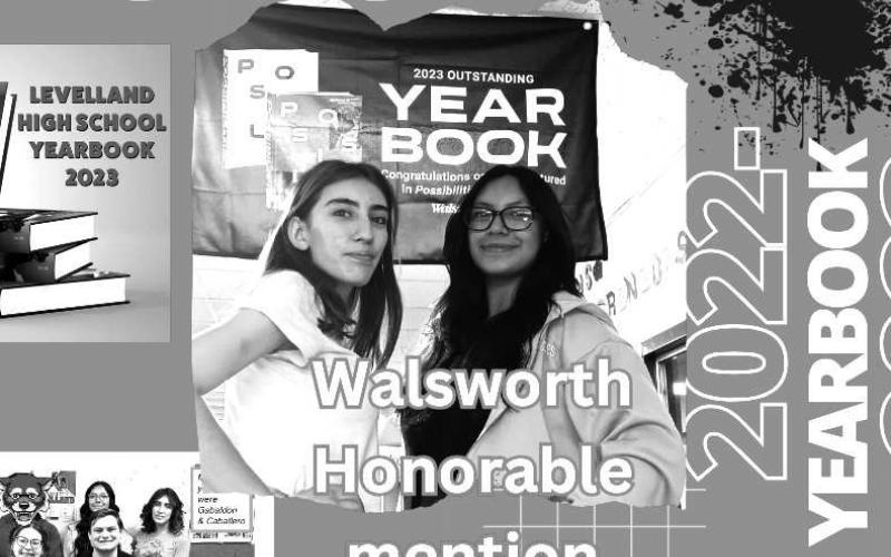 YEARBOOK 2023- Advisor Kelly- Buckner shares that Walsworth Publishing announced that they chose the LHS 2023 El Lobo Yearbook to feature in the newest edition of their inspiration book named Possibilities. Levelland High School’s 2023 El Lobo Yearbook was chosen as an honorable mention. LHS students showed exceptional examples of theme, covers, photography, and page design in last year’s yearbook. In photo Amor Gabaldon and Joleen Caballero.(Photo is courtesy of Cristal Isaacks)
