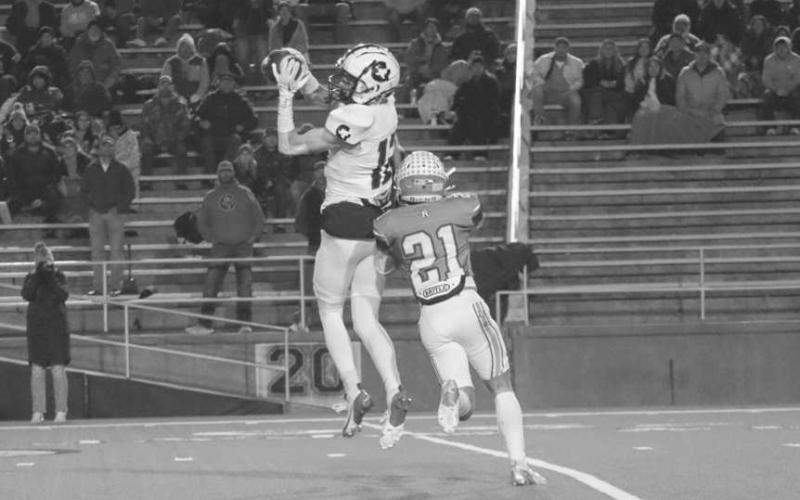 STICK WITH HIM - Ropes Eagle Kolter Dockery was able to knock the ball out of the Gruver wide receiver during the team’s last game of the season at Happy State Bank Stadium. (Staff photo by Aalijah Soliz)