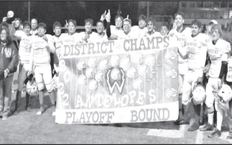 ANTELOPES CROWNED CHAMPS- The Whiteface Antelopes took their first UIL district football championship last Friday with a 62-36 road win over the O’Donnell Eagles last Friday. The Antelopes will face Van Horn in Rankin in the Bi-District playoff on Friday at 6 p.m. (Photo Courtesy of Jay Kelley)