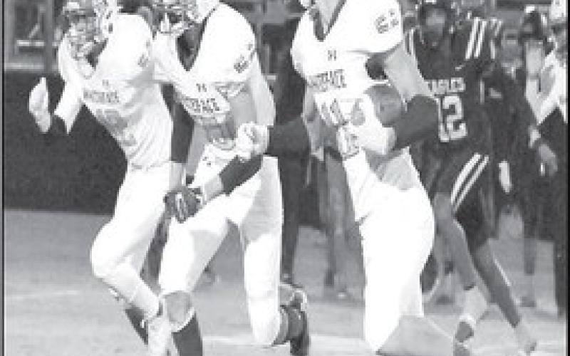 A LITTLE HELP- Jeremias Chavez had a little help from Auscar Gandara (15) and Jeremiah Soliz (42) on a kick return in a 62-36 Whiteface Antelope road win over the O’Donnell Eagles last Friday. The Antelopes are UIL Class 1A-1 Region II, District 5 champions and will face Van Horn in the bi-district playoff round in Rankin on Friday at 6 p.m. (Photo Courtesy of Jay Kelley)