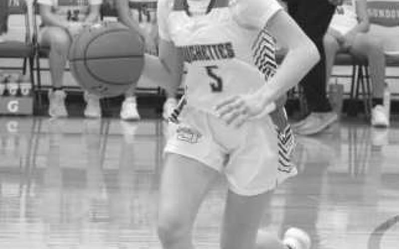 OFFENSE - Sundown Roughette Camry Jourden brought the ball down the court during the team’s game against the Plains Cowgirls this past Friday night. (Photo courtesy of Sundown ISD)