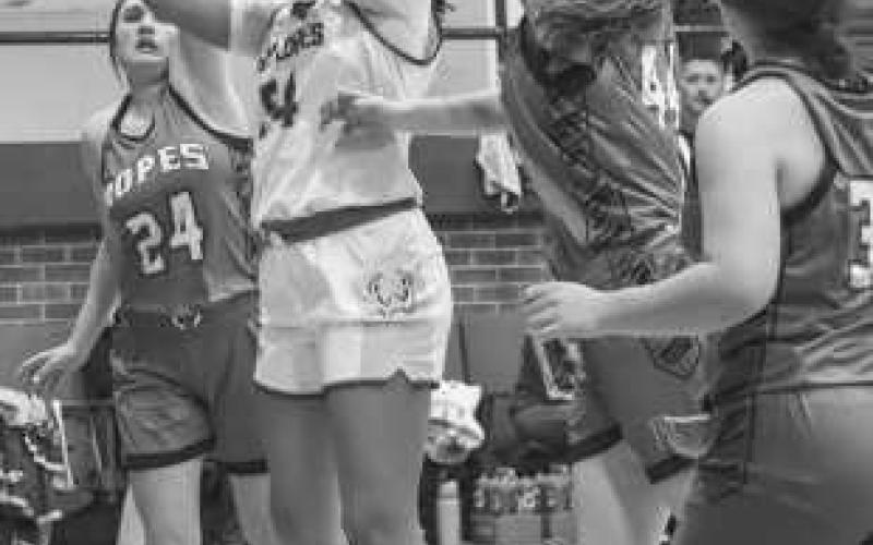 HARD FINISH - Whiteface Antelope Tymmyah Olenga and Ropes Lady Eagle Madison Reyna went against each other under the basket during the team’s game. (Staff photo by Aalijah Soliz)