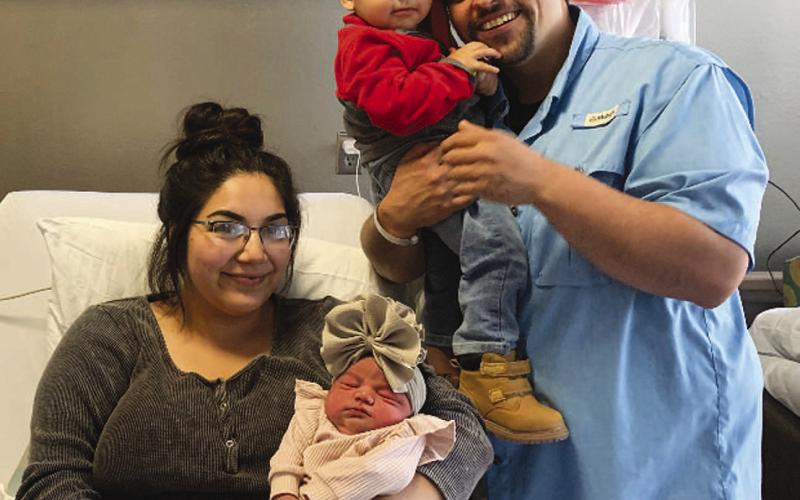 FIRST BABY OF 2023! - The first baby born in 2023 at the Covenant Hospital of Levelland was a little girl named Fallon Crispin. Born on January 2 at 7:59 a.m., Fallon weighed eight pounds and 13 ounces and was measured at 21.5 inches. Pictured is Fallon’s mother D’Kota Walls and father is Colby Crispin. Also pictured is Memphis who is now a big brother at one-years-old. When deciding the newborns name, the parents chose to go a name that is more bold and unusual. (Photo Courtesy of Meredith Cunningham)