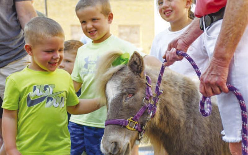 HORSINGAROUND – The Hockley County Memorial Library welcomed Minis and Friends Wednesday morning for a warm welcome with their miniature ponies. Pictured is Snowball who is blind and has been doing this for 18 years. The children loved petting her and learning more about fun ways to read during the summer. (Photo by Hannah Woodrum)