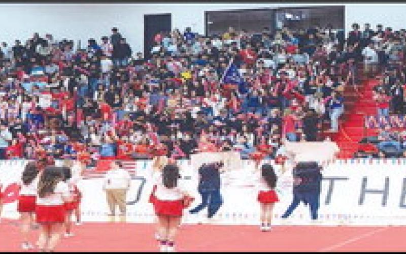 USA PEP RALLY – Pictured is the LHS Cheer Squad bringing the excitement and school spirit to the Levelland High School student body during the USA Pep Rally that was held Thursday morning. The cheer squad has been tasked with bringing out everyone’s school spirit every week with different themed pep rallies and events for each show. (Staff photo by Dom Puente)