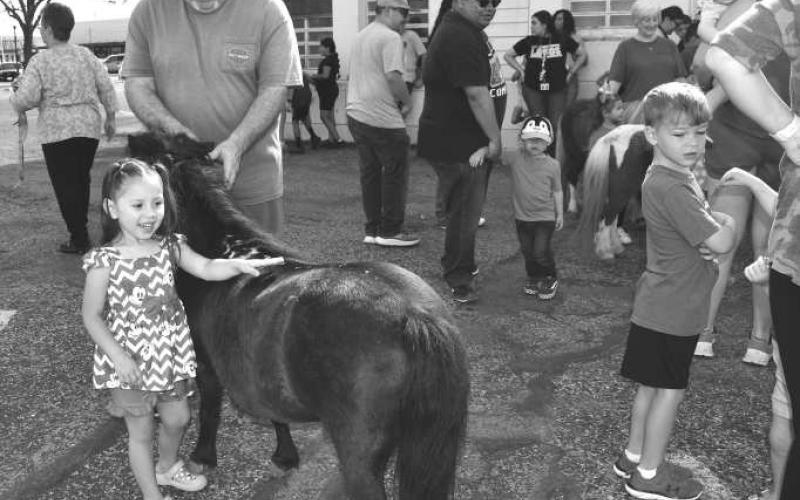 MINI HOOVES- Leyla Paez participated in the MINIS AND FRIENDSevent at t he Court House parking lot . Held by the Levelland Library summer program..Pictured is Leyla Pez and Paul Nolan. (Staff photo by Emily Campos)
