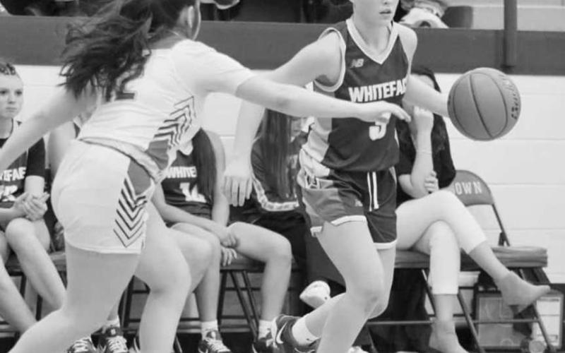 WHERE TO GO - Whiteface Lady Lope Kambry Sanders scanned the court with Sundown Roughette Katy Flores guarding her closely during the team’s game. (Photo courtesy of Holly Crutcher)
