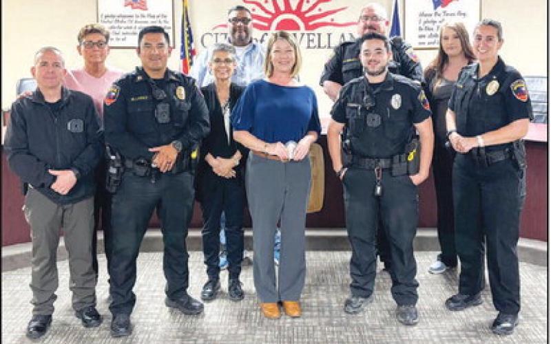 NEW ADDITION - The Levelland Police Department (LPD) welcomed Detective Brown to their ranks last week. City of Levelland Municipal Court Judge, Esmeralda Rowand conducted the Oath of Office Ceremony for Brown. Pictured is Brown (middle) alongside members of the LPD. (Photo courtesy of the LPD)