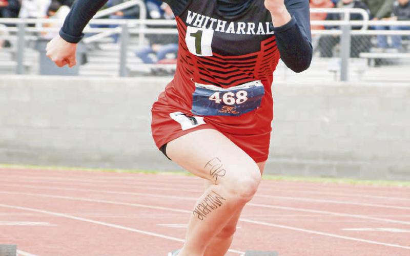 PURE SPEED - Whitharral Lady Panther Kalyn Bates drives out of the blocks during the 100-meter dash this past Friday at the Regional Championships at South Plains College. (Staff photo by Jentezen Smith)
