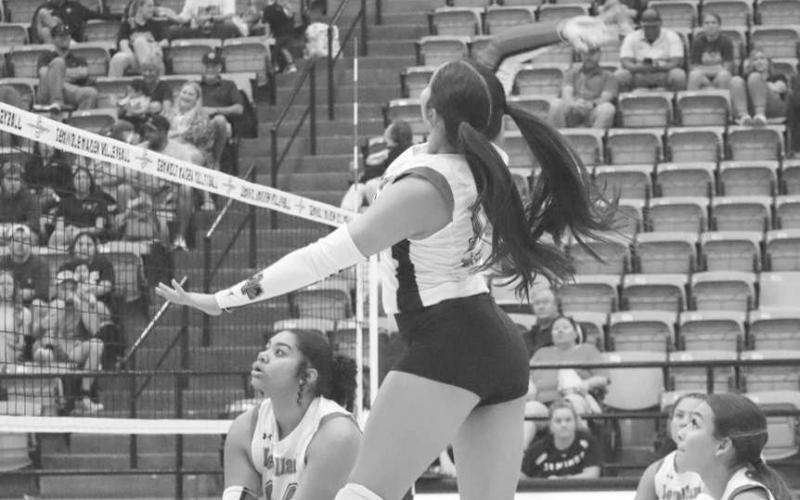 GREAT SETUP - Levelland Loboette Mia Morin jumped high over the net to send her shot to the Seminole Maiden defense this past Tuesday on the road. (Staff photo by Aalijah Soliz)