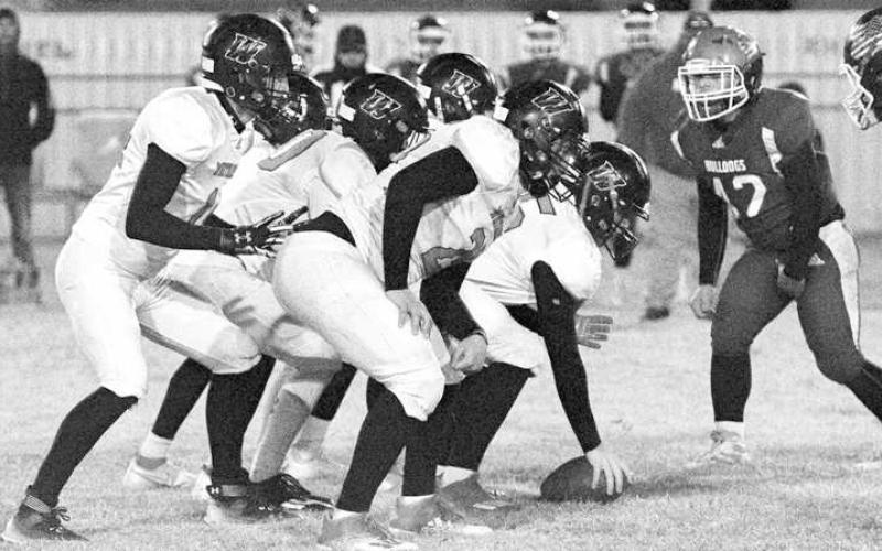 VICTORY FORMATION- The Whitharral Panthers lined up in the victory formation to end a 24-20 road win over the Amherst Bulldogs last Friday to clinch the UIL Class 1A-2 Region I, District 2 high school football championship outright. The Panthers will face the Silverton Owls next Friday in Lockney at 8 p.m. (Photo Courtesy of Jay Kelley)