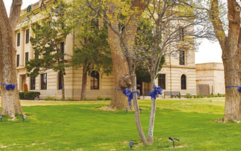 CHILD ABUSE PREVENTION MONTH - The Hockley County Courthouse trees are wrapped with blue ribbon to show support for child abuse prevention month for April. According to the U.S. Department of Health and Human Services, there are close to four million reports of child abuse each year in the U.S. (Staff photo by Emily Campos)