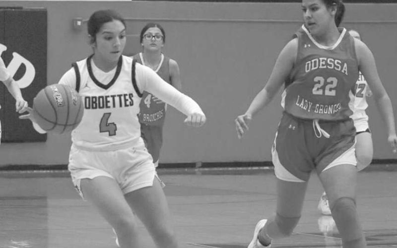 FAST BREAK - Levelland Loboette Mia Morin outran the Odessa players on the fastbreak during the team’s game against Odessa at home. (Staff photo by Aalijah Soliz)