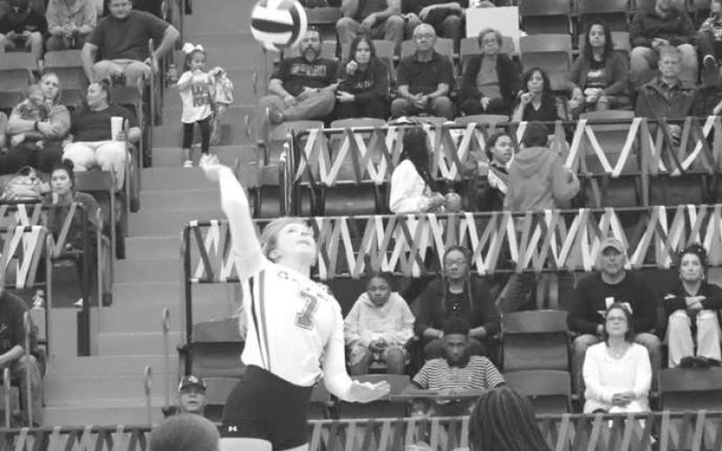 SPIKE - Levelland Loboette Addison Campbell went vertical to spike the ball on the Lake View Maidens and get the Loboettes the easy points. The Loboettes are 8-1 in distrcit play. (Staff photo by Aalijah Soliz)