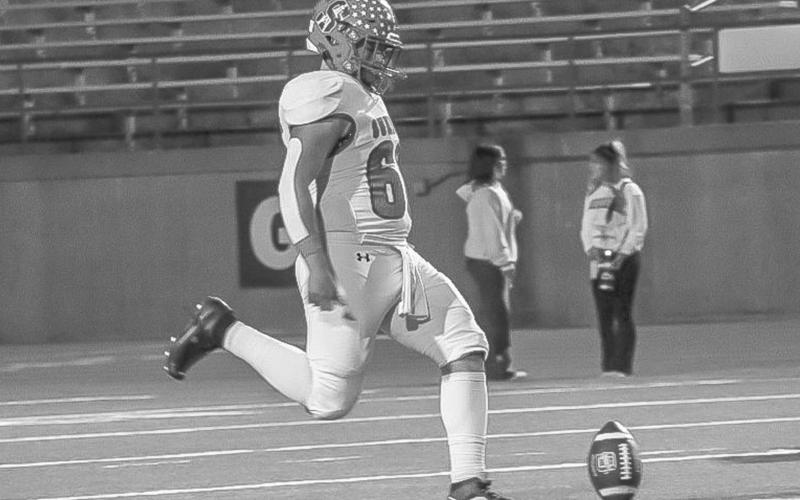 READY TO GO - Sundown Roughneck Zack Gonzales kicked the ball off to the Wink Wildcats last Thursday night in the team’s bi-district round of playoffs. (Staff photo by Aalijah Soliz)