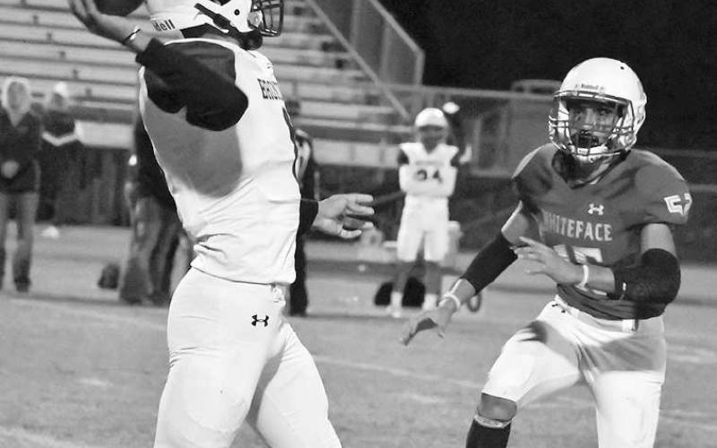QBPRESSURE- Auscar Gandara put pressure on the Meadow backfield all night in a 64-6 home win for the Whiteface Antelopes over the Meadow Broncos in UIL Class 1A-1 high school football action last Thursday. Gandara had 4 1/2 tackles in the effort. The Antelopes will travel to O’Donnell on Friday to play for the Region II, District 5 championship. (Photo Courtesy of Jay Kelley)