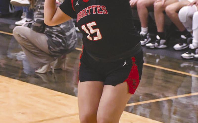 SPOT UP SHOOTER- The sixth ranked Levelland Loboettes continued their district dominance with a road win in Snyder, 67-46, against the Lady Tigers Friday. Loboette Angelica Gonzales finished the game with four points. (Staff Photo by Dom Puente)
