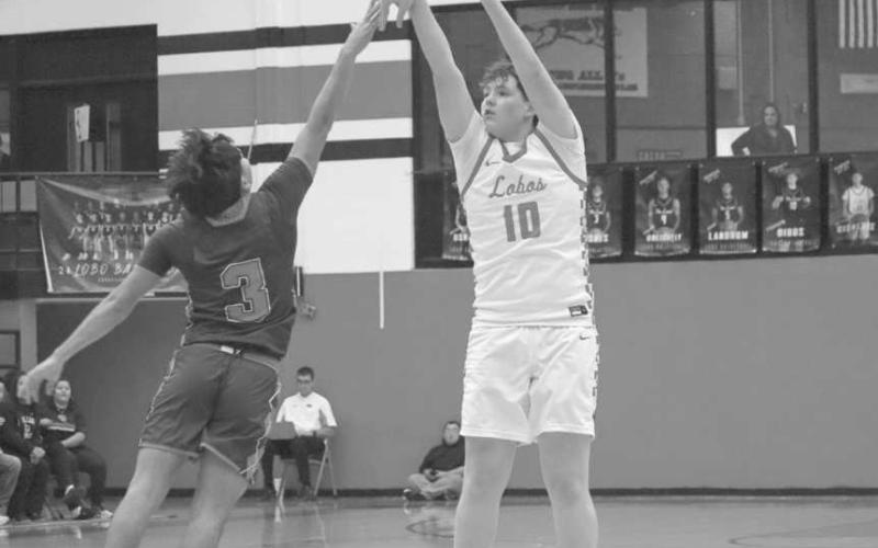GOOD FORM - Levelland Lobo Graham Gibbs shot over the contest from Sundown during the team’s last non-district game of the season at home. (Staff photo by Aalijah Soliz)