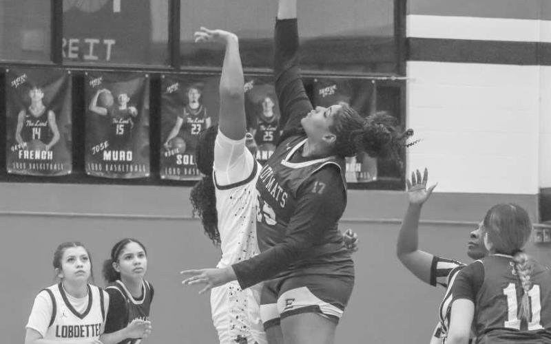 JUMP BALL - Levelland Loboette Sydnii Joyce jumped to try to get the ball for her team’s first possession during the team’s district game at home. (Staff photo by Aalijah Soliz)