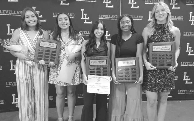 GIRLS TRACK - Levelland Loboettes Addisen Campbell earned Most Improved Award, Karina Lara earned Most Improved Award, Zanity Sanchez earned New Comer of the Year Award and both Keyleigh Barron and Olivia Velardez earned Outstanding Performer Award. (Photo courtesy of Levelland ISD)