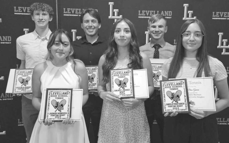 LEVELLAND TENNIS - Levelland Lobos Nathan Ellis earned MVP, William Canon earned Fighting Hear Award and Ryeton McMahan earned Pack Pride Award. Levelland Loboettes Daisy Perez earned MVP, Jasmin Mendoza earned Pack Pride and Daniella Perez Garcia earned Fighting Heart Award. (Photo courtesy of Levelland ISD)