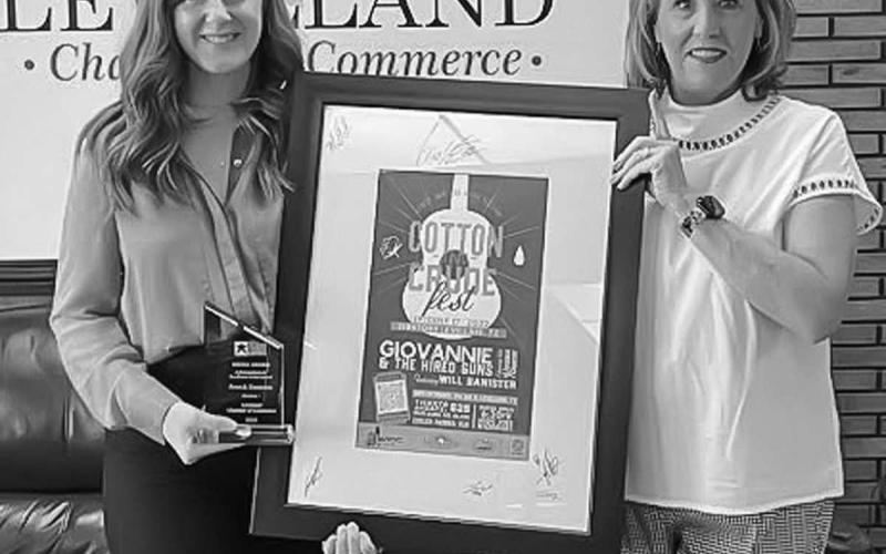 FIRST PLACE MEDIA/PRINTAWARD FOR CHAMBER: The Levelland Chamber of Commerce staff recently attended the TCCE convention held in Odessa, Texas back in June. They were awarded first place in the print/media category for the marketing material for the annual Cotton &amp;amp; Crude Street &amp;amp; Music Festival. Pictured are Nicole Campbell, General Manager of Smith Auto Family and Mary Siders President of Levelland Chamber. (Submitted photo)