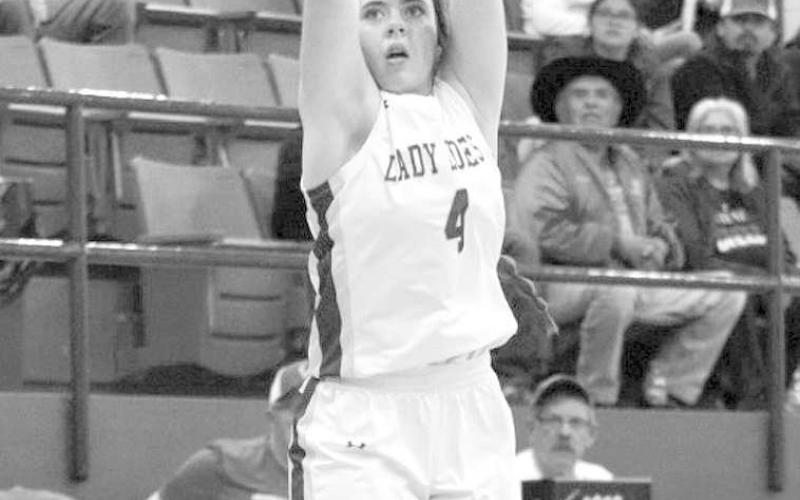 FROM DOWNTOWN- The Lady Antelopes won the Way Out West Basketball Tournament in Whiteface over the weekend. Emma Ayers knocked down a three-pointer during the title game against Plains. (Photo Courtesy of Holly Crutcher)