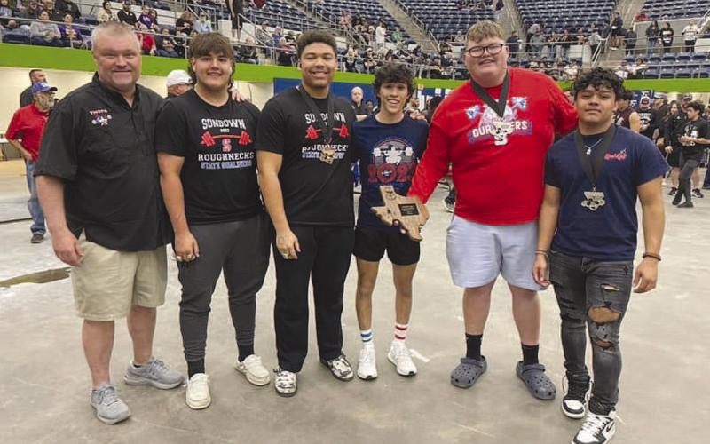 FOURTH PLACE- The Sundown Powerlifting Team traveled to Abilene last weekend to compete at the THSPA State Powerlifting As a team, the Roughnecks placed fourth, while breaking two individual state records. Pictured from left to right are: Head Coach Barry Newton, Jeffery Rodriguez, Dekota Golightly, Michael Salazar, Konar Alaman, and Rickey Melendez. (Photo Courtesy of Sundown ISD)