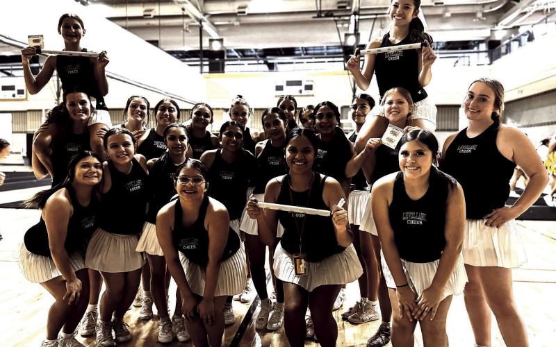 LHS Cheerleaders earn Spirit Stick at UCA camp - Levelland High School Varsity and JV Cheerleaders and Lucky Lobo captured the coveted spirit stick at the UCA Cheer Camp at Texas Tech University. (photo courtesy of LISD)