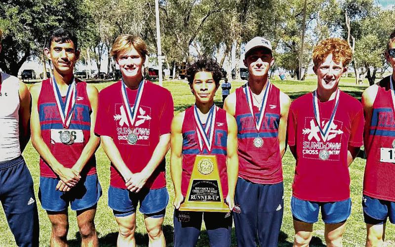 DISTRICT RUNNERS-UP - The Sundown Roughnecks Varsity Cross Country team finished runner-up in the District Meet this past Saturday at Yoakum Park in Denver City, Texas. Pictured in no particular order is Jaydith Shelton, Rolando Rivera, Lincoln Keesler, Daniel Mauldin, Corey Goodman, Ryder Stanley and Jaxon Reynolds. (Photo provided by Sundown Roughnecks Facebook Page)
