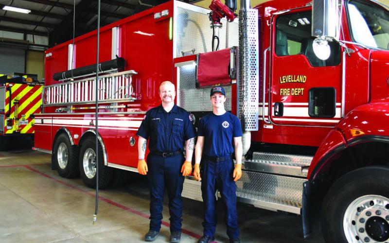Levelland Fire Department Fire Inspector and fire fighter Cade Millenbine and firefighter Tyler Duffey are among the first responders for the department with Fire Chief Patricia Byars-Faulkner leading the crews. Levelland FD has around 30 employees who are dispatched for emergencies as well as other community assistance. (Staff photo)