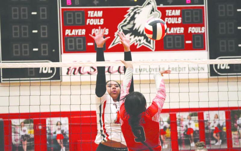 VERTICAL - Levelland Loboette Trinity Wafer went vertical to block the Sweetwater Lady Mustang shot in their impressive win last Tuesday. (Staff photo by Aalijah Soliz)