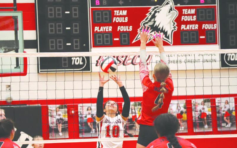 SOFT TOUCH - Levelland Loboette Mia Morin hit the ball over the net for a floater right over the Lady Mustang defender. (Staff photo by Aalijah Soliz)