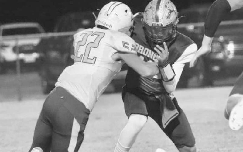 FUMBLE - Jaxon Hodge forced a fumble in a 62-12 Whiteface shellacking of the host Meadow Broncos last Friday in UIL District 3-1A1 six-man high school football action. The Antelopes will look to continue their success when O’Donnell comes to Whiteface on Friday at 7:30 p.m. (Photo by Holly Crutcher)