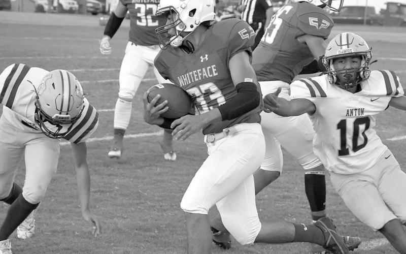 SPLITTINGDEFENDERS- Whiteface’s Julio Borunda had four carries for 35 yards in a 53-6 homecoming win over the Anton Bulldogs last Friday in UIL high school six-man football action. Borunda and company will travel to Wildorado on Friday for a 7:30 p.m. game. Anton hosts Spur, also at 7:30 p.m. (Photo Courtesy of Jay Kelley)