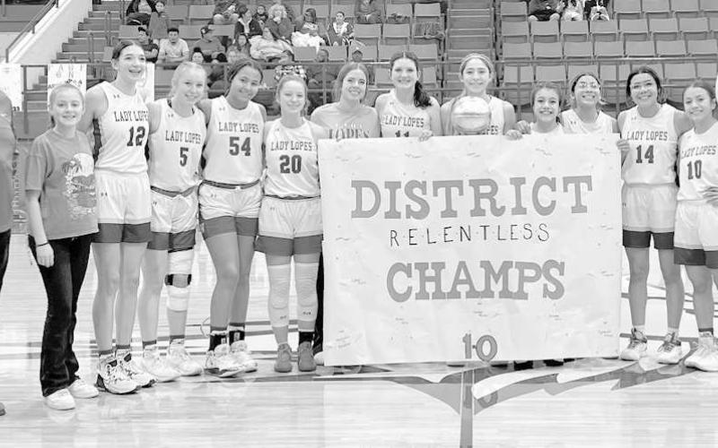 FIVE STRAIGHT- The Whiteface Lady Lopes earned their fifth straight district championship with a 67-11 domination of the visiting Amherst Lady Bulldogs. Pictured left to right are: Head Coach Gary Simmons, Taryen Turnipseed, Abbi Soliz, Jaedyn Rector, Tymmyah Olenga, Morgan Waggoner, Emma Ayers, Kylie Deavours, Allison Martha, Ximena Lucero, Ariana Soliz, Anais Soliz, Sarai Lucero and Assistant Coach Aaron Ross. (Photo Courtesy of Holly Crutcher)