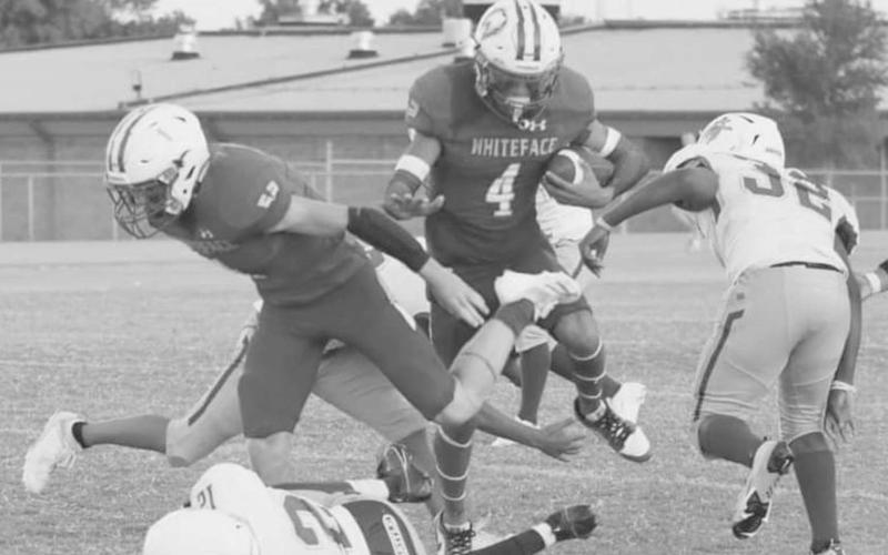HURDLE - Jeremiah Rendon had seven carries for 235 yards and five touchdowns for the no. 4 Whiteface Antelopes last Friday in a UIL high school six-man football game against the visiting Boys’ Ranch Roughriders last Friday. The Antelopes will host no. 13 Klondike on Friday at 7:30 p.m. (Photo by Holly Crutcher)