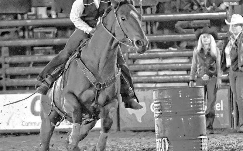 SECOND IN BARRELS- Barrel racer Madison Bean led the Lady Texans with a second-place finish in barrel racing, notching 130 points for South Plains. Bean posted an 18.38 in the long round and a 17.91 in the finals Saturday night to cap the event with a 36.29 average. Bean snagged the women’s all-around crown. (Photo Courtesy of Jordan Irvine)
