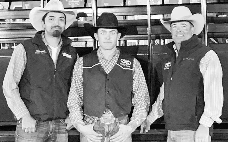 ALL AROUND TITLE- SPC Texan Brey Yore captured the men’s all-around title Saturday as the South Plains College men’s and women’s rodeo teams each placed second in the final team standings at the Texas Tech University Rodeo. Pictured from left to right are: Stefan Ramone, Brey Yore and Kerry Doster. (Photo Courtesy of Jordan Irvine)