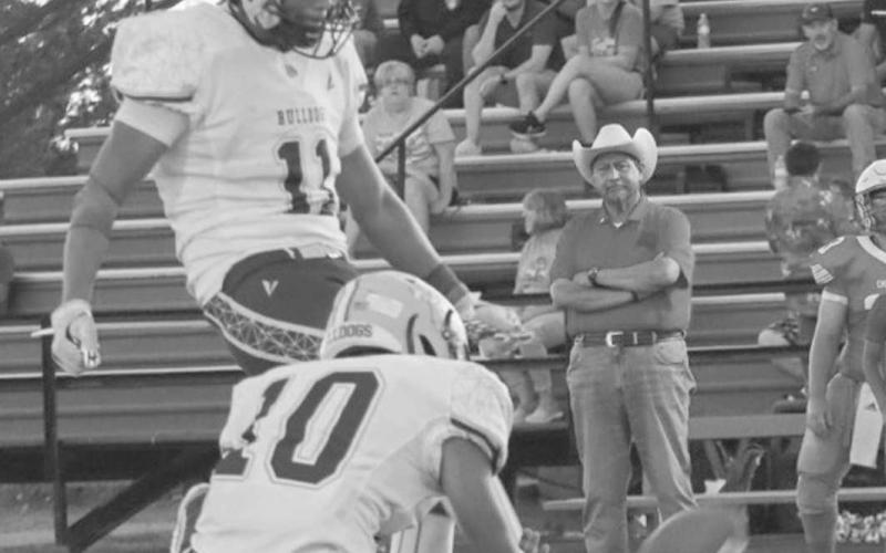FIELD GOAL - Anton Bulldog Jose Avalos kicked the PAT’s last Thursday in the team’s blowout win against the Chillicothe Eagles in Motley County. (Staff photo by Aalijah Soliz)