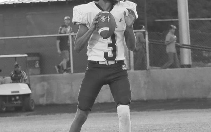 FIELD GENERAL - Anton Bulldog Shooter Campos stood tall in the pocket in the team’s win against the Chillicothe Eagles last Thursday night in Motley County. (Staff photo by Aalijah Soliz)