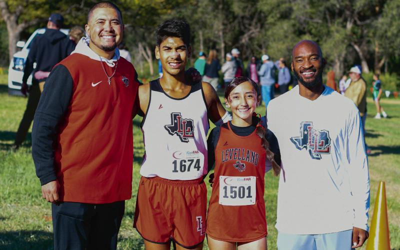 LEVELLAND XC AT REGIONALS - The Levelland cross country regional qualifiers and coaching staff pose for a photo after the 4A Region 1 Cross Country Championship this past Tuesday at Mae Simmons Park. Pictured from left to right is Assistant Coach Amos Sauceda, junior Saul Hernandez, freshman Valeria Villareal and Head Coach Justin Turner. (Staff photo by Jentezen Smith)