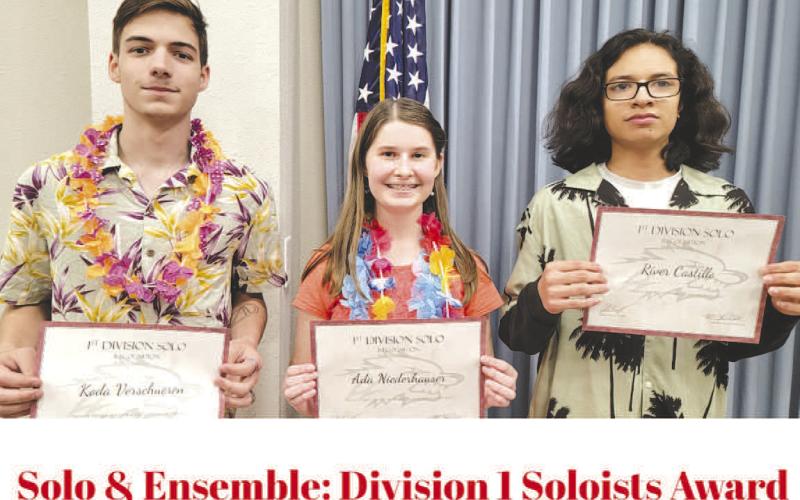 DIVISION I SOLIST- Levelland High School solist qualified for state in division I ensemble. Pictured from left to right are :Koda Verschueren, Ada Niederhauser and River Castillo. (Photo Courtesy of Cristal Isaacks)
