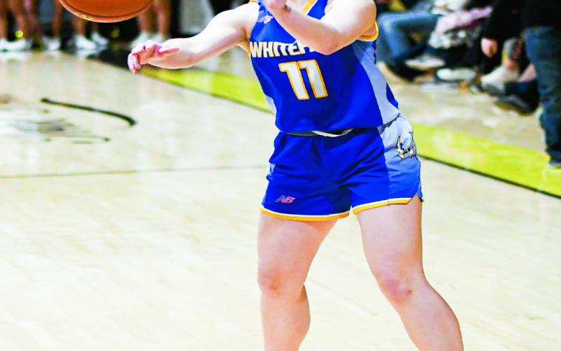 PASS THE ROCK - Whiteface’s Gracyn Kauffman passes the basketball during their district basketball game against Morton this past Tuesday night at Morton High School. (Staff photo by Jentezen Smith)