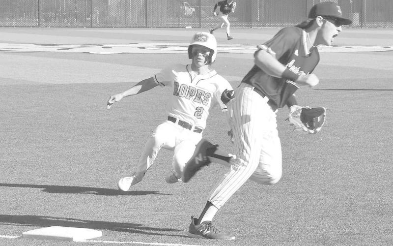 TRIPLE- Mason Marmolejo had a triple and scored a run in an 11-3 Ropes Eagle loss to the New Home Leopards in UIL District 4-2A High School baseball action last Saturday in Plainview. The Eagles will face Lockney for two games in the bi-district playoffs Friday. Game one starts at 5 p.m. (Photo Courtesy of Jay Kelley)