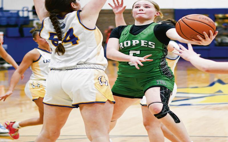 HOGG SHOOTS, CASTANEDA CONTESTS - Ropes Lady Eagle Brooklyn Hogg shoots in the paint while Whiteface Lady Lope Keyarah Castaneda contests the shot. Hogg would be the Lady Eagles leading scorer with 10 points. (Staff photo by Jentezen Smith)