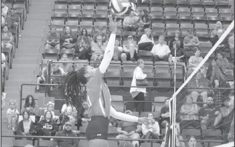 BLOCK - Levelland Loboette Tanaesia Brackens made the block against the Seminole Maidens leading the team with two for the night. (Staff photo by Aalijah Soliz)